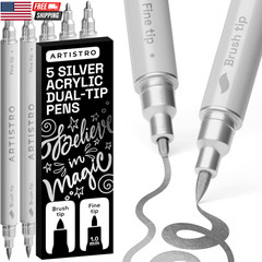 5 Silver Acrylic Paint Markers – Paint Pens for Drawing, Brush + Fine Tips – for