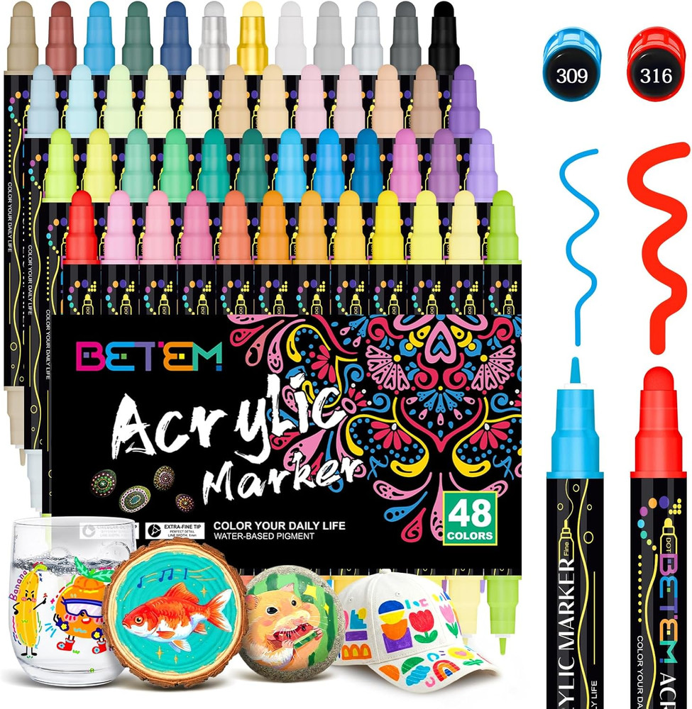 48 Colors Dual Tip Acrylic Paint Pens Markers, Premium Acrylic Paint Markers Sto
