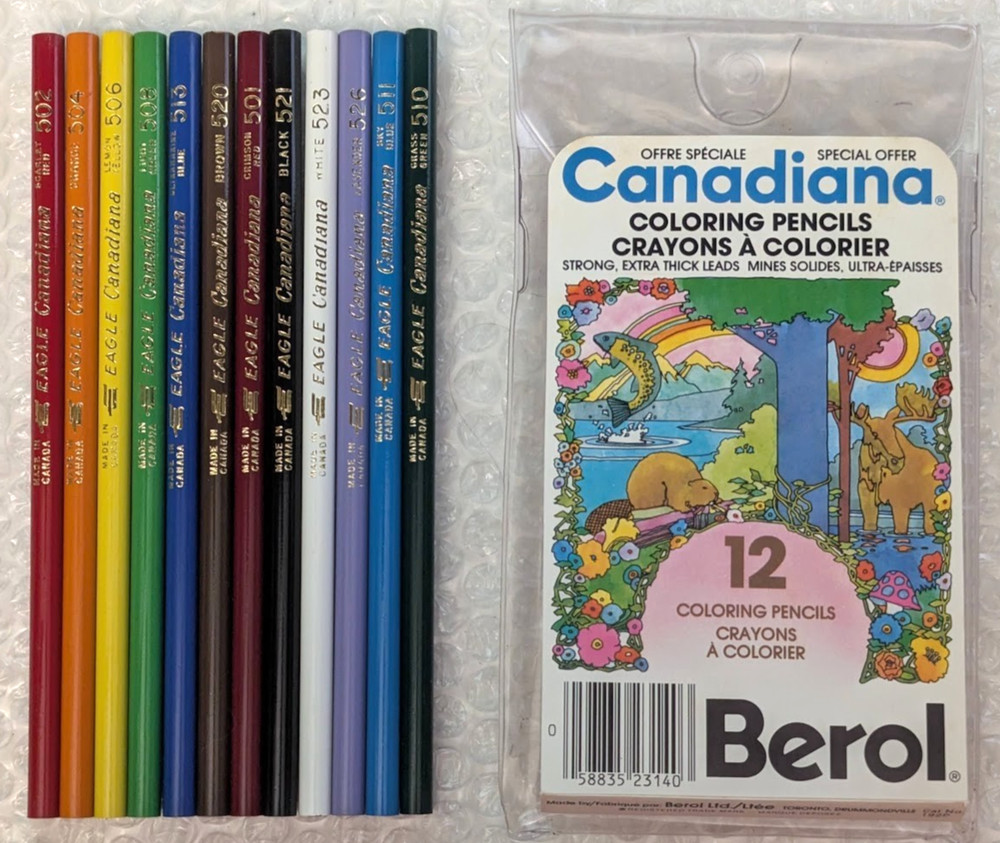 12 Berol Eagle Canadiana Colored Pencil Crayon Unsharpened in PVC Case 1970s Set