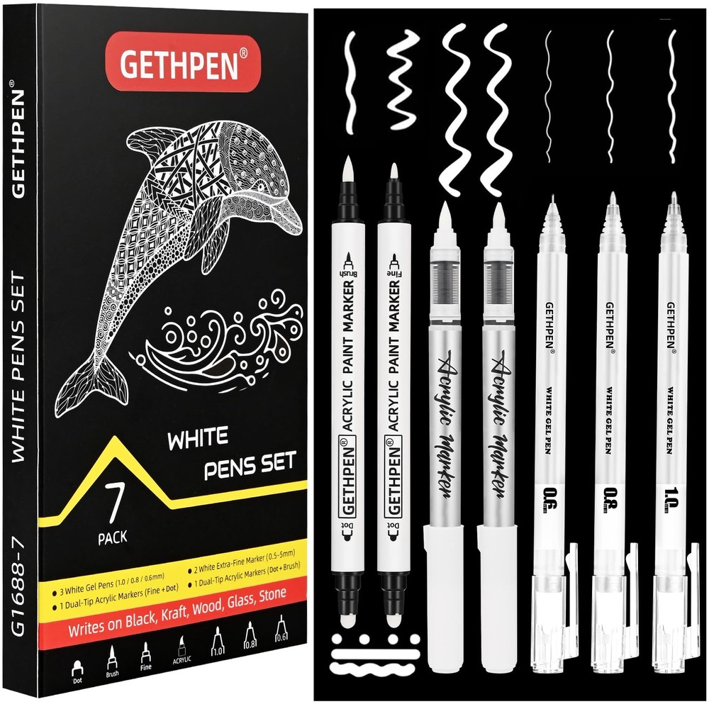 White Ink Pens, Fine Point White Gel Pens, Brush Tip Acrylic Markers,white pa…