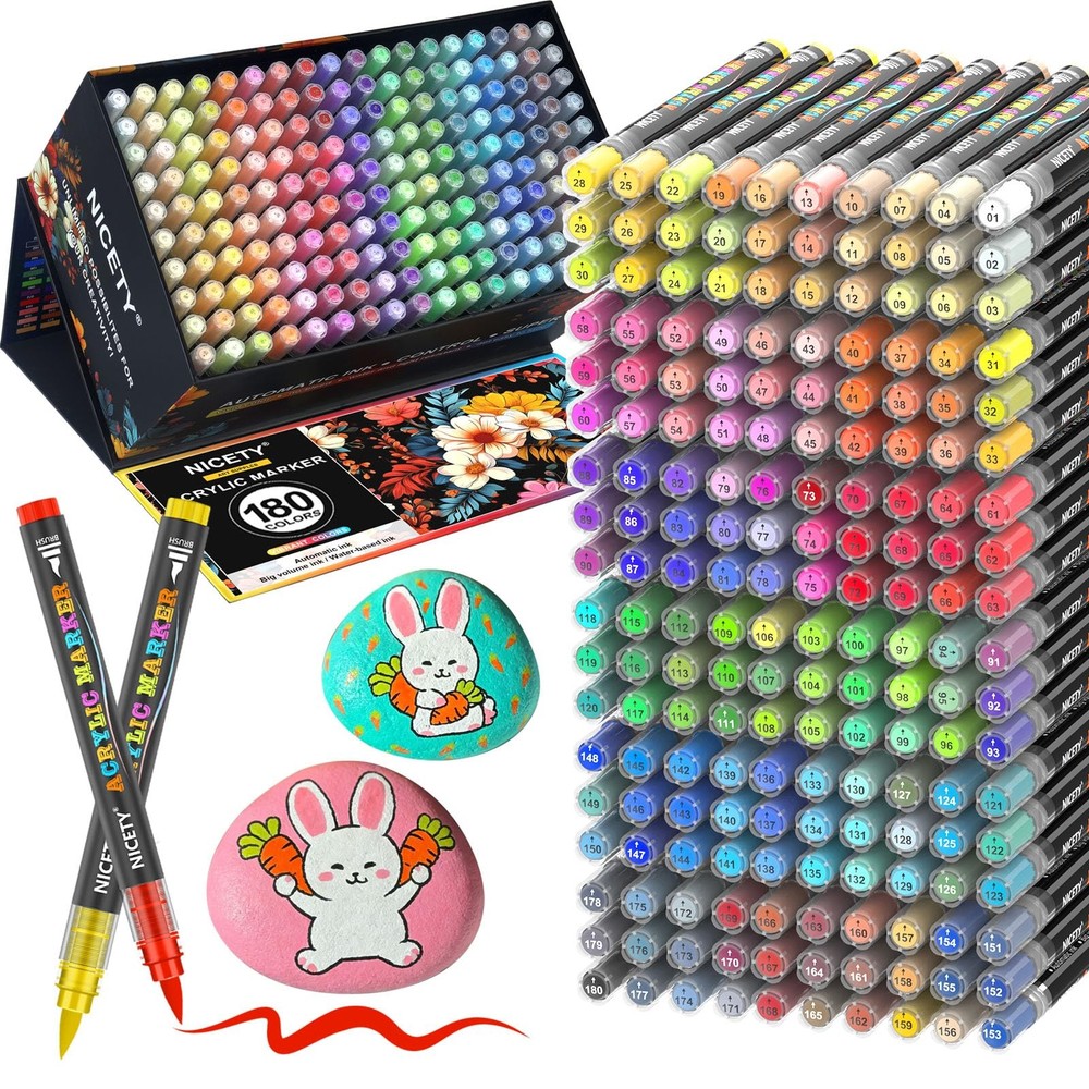 NICETY 180 Acrylic Paint Markers, Acrylic Paint Pens Brush Tip for Rock Paint…