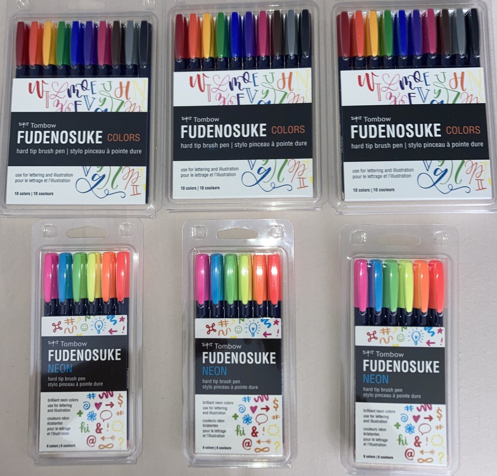3 Tombow Fudenosuke Marker Hard Tip Brush Pen Pks/3 Neon Hard Tip Brush Pen Pks
