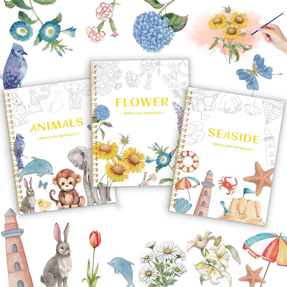 3Pcs Watercolor Workbook – 3pcs-watercolor workbook, Flowers-Animals-Seaside