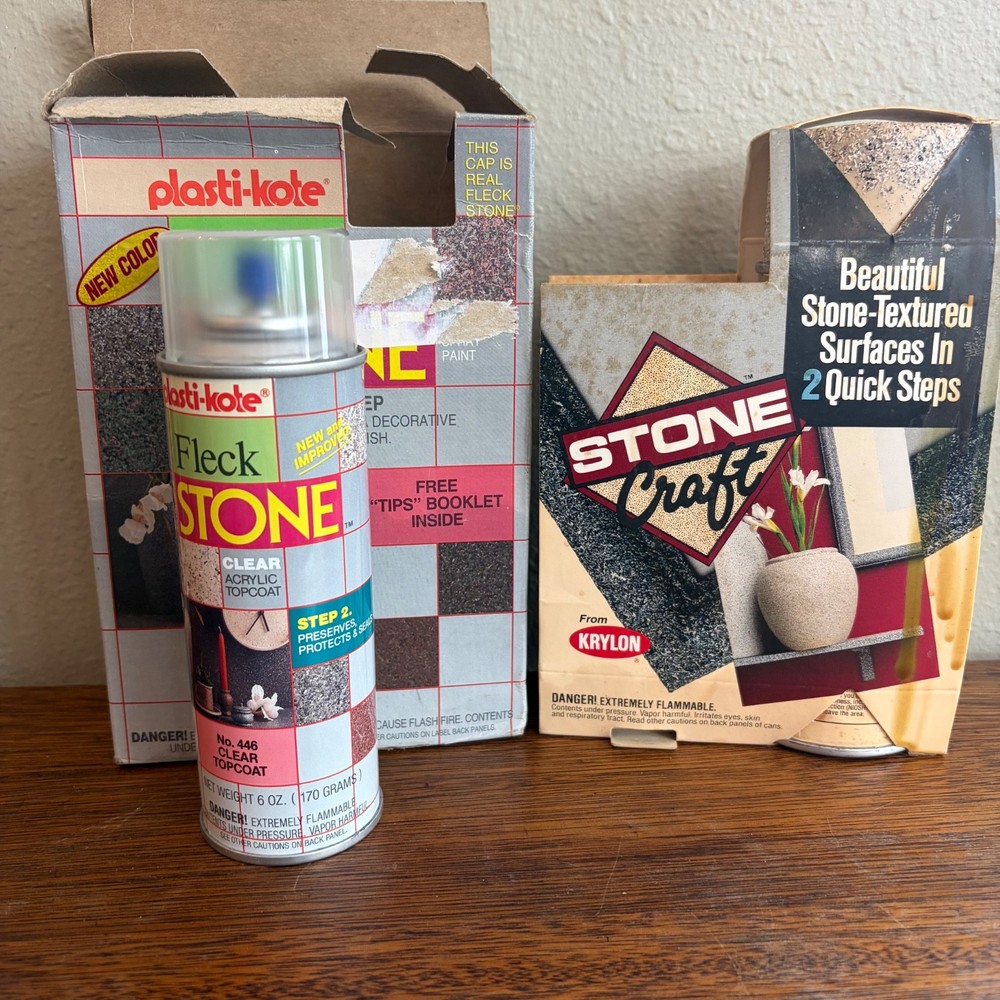 Vtg Krylon Stone Craft 8203 TRAVERTINE TAN Texturized Spray Paint Base +Top Coat