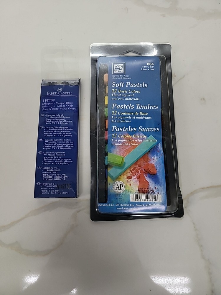 Faber Castell 4 Pitt Artist Pen Set Black India & LC 11 Basic Soft Pastels 884.