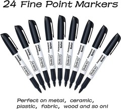 Versatile 24 Black Fine Tip Permanent Markers for All Surfaces – Non-Toxic