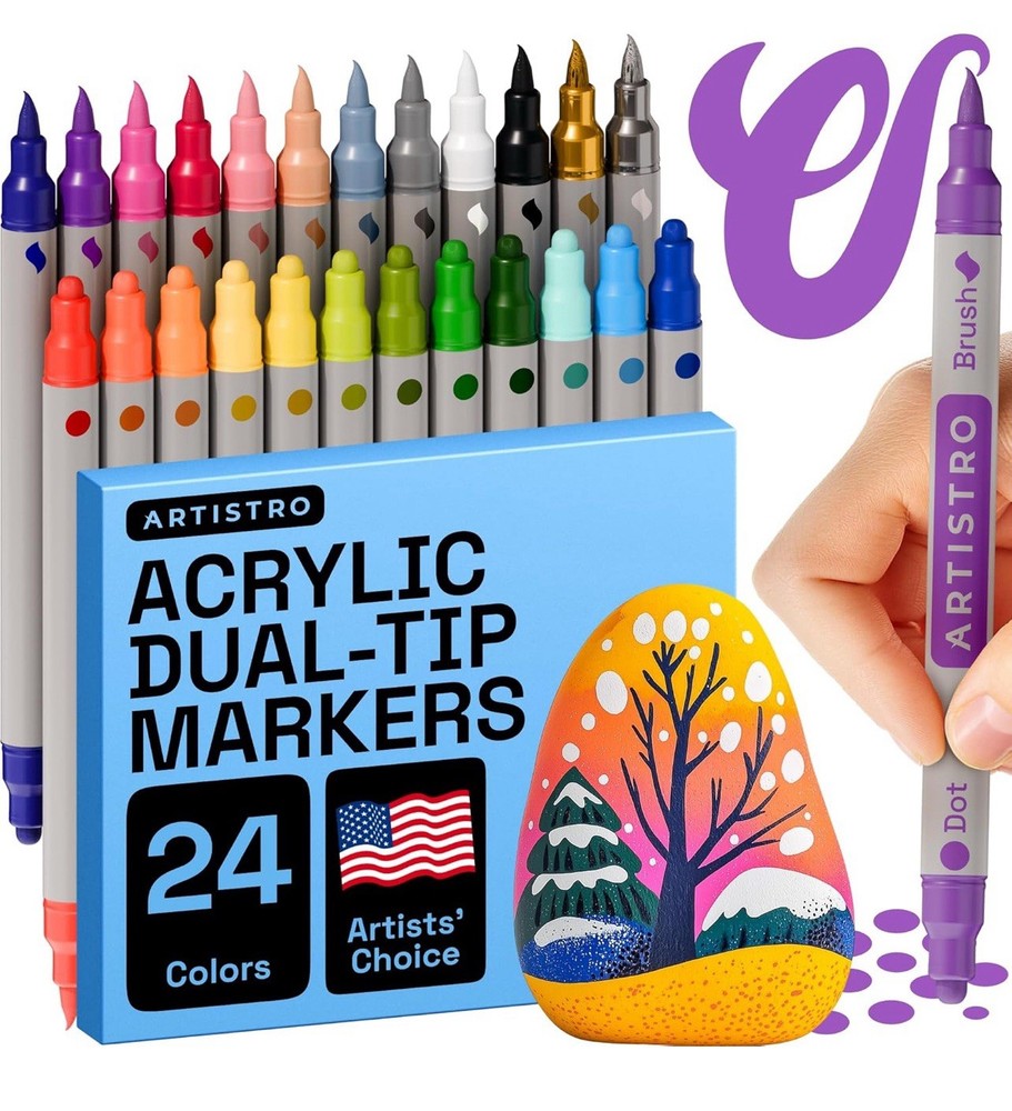 24 Acrylic Paint Markers for Fabric, Rocks, Paper, Wood, Canvas, Glass, DIY -…