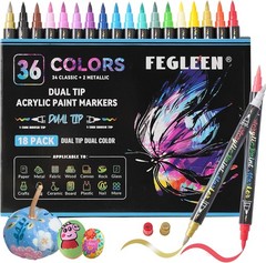 36 Colors Acrylic Paint Markers,18 Pack Dual-Color Acrylic Paint Pens with Brush