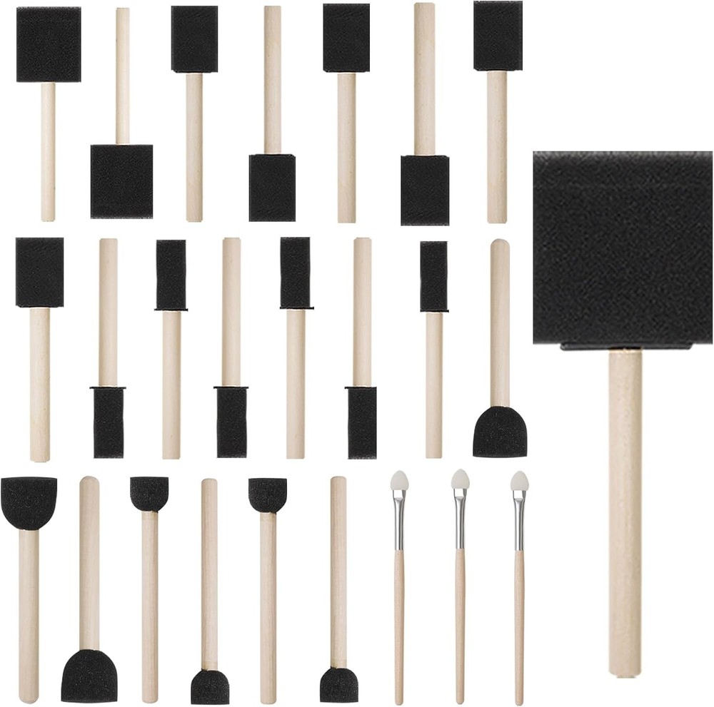 50 Pack 0.5″-2″ Different Size Assorted Foam Brush Set Wood Handle Paint Brus…