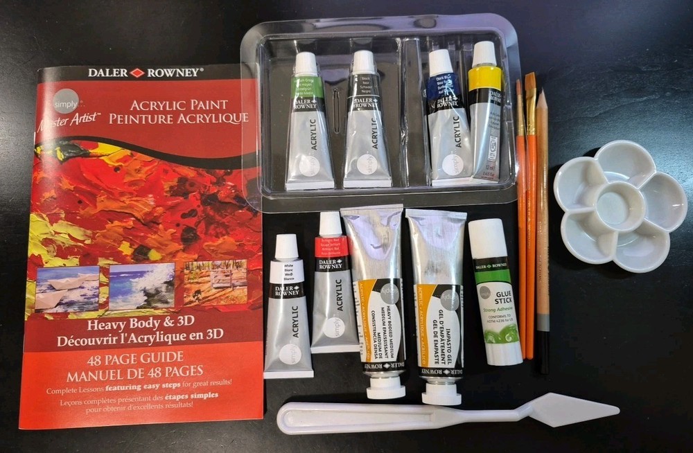 Daler Rowney Acrylic Art Lot: Impasto Gel Medium Colors Glue Stick Brushes +