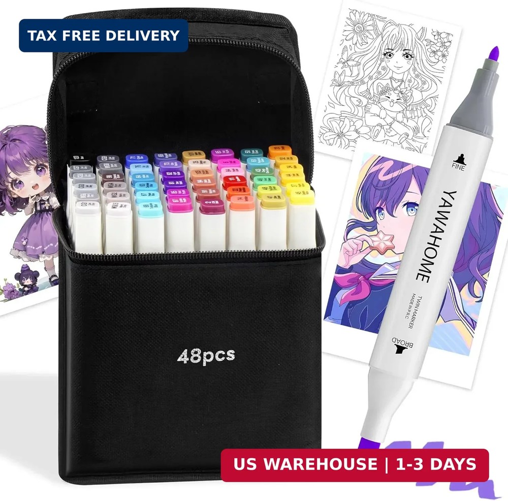 48 Colors Alcohol Markers Set: Dual Tip Art Marker for Adult Coloring Books Prof