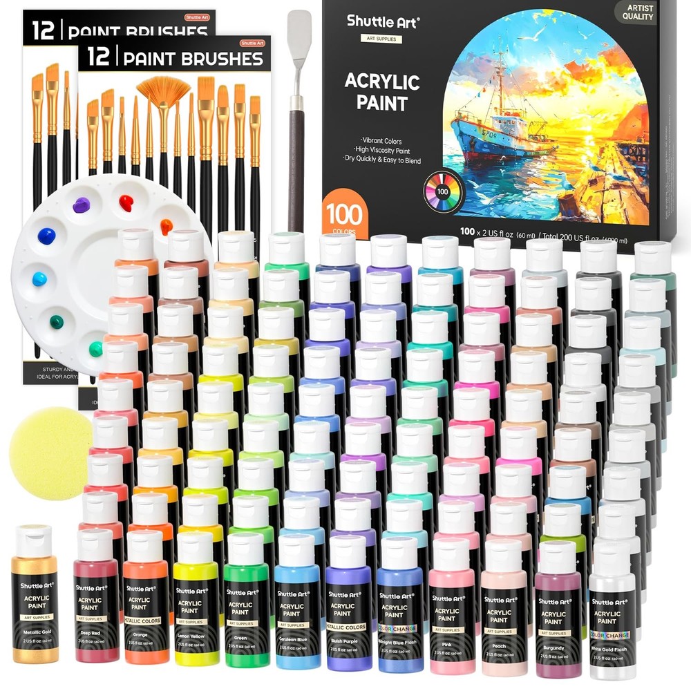 Shuttle Art 100 Colors Acrylic Paint, 2oz/60ml Bottles, Include 2 Sets of 12 …