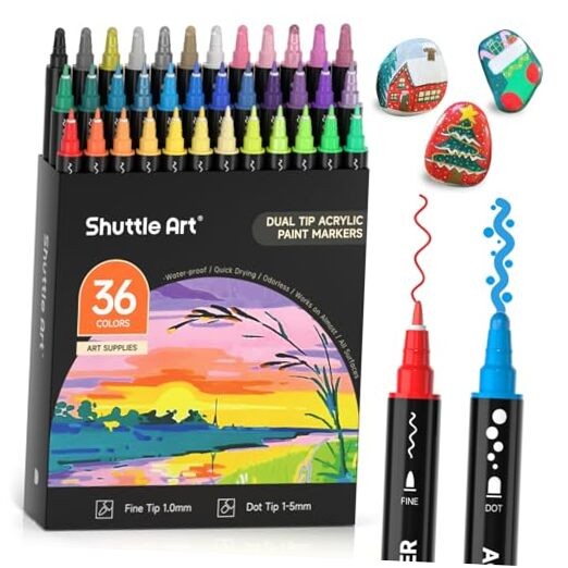 36 Colors Dual Tip Acrylic Paint Markers, Dot Tip and Fine Tip fine & dot tip