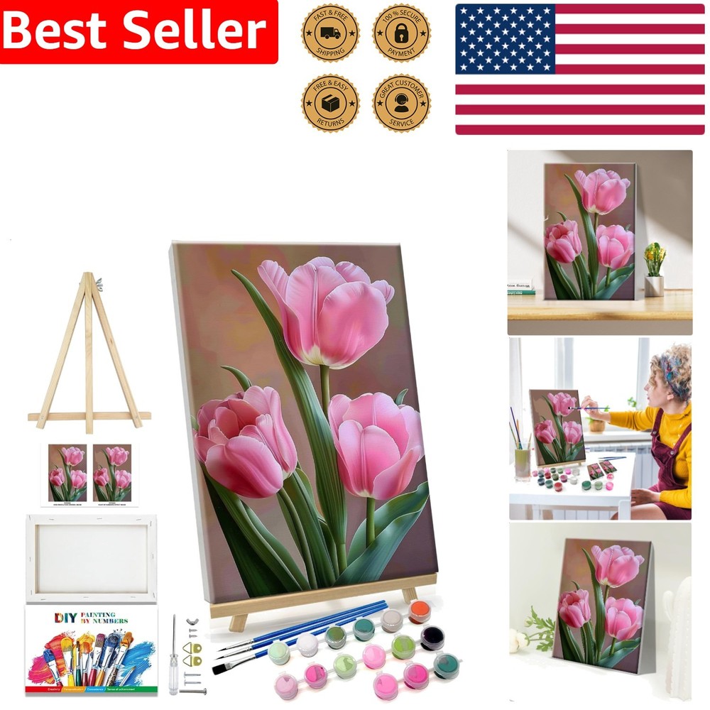 Adult Painting Kit Tulip Flowers Easel Acrylic Art Decor Gift Canvas 8×12 Inch