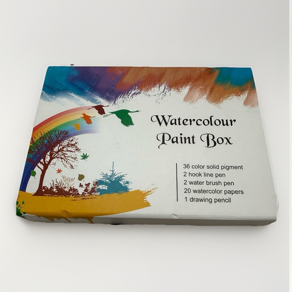 Watercolor Paint Box 36 Color Solid Pigment Palette Pens Paper New Sealed