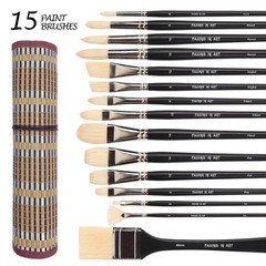 15PCS Natural Hog Bristle Paint Brush Set – Long Handled Professional Brushes fo