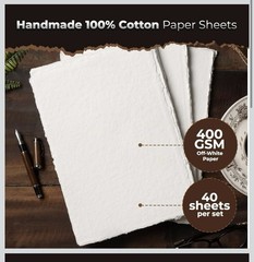 Handmade Cotton Watercolor Paper 40 Sheets 8”L X 6”W, Off-white