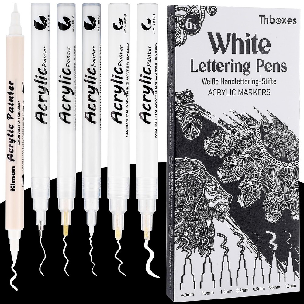 Thboxes White Pens Set, 6 Pcs Acrylic Paint Dual-Tip 1 Count (Pack of 6)
