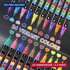 24 Colors Dual Tip Acrylic Paint Markers, Premium Acrylic Marker Paint Pens for