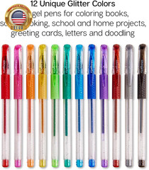 Glitter Rollerball Gel Pens, 12 Sparkling Colors with Soft-Grip Comfort, XL Ink
