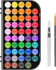 48-Color Watercolor Paint Set with Brush, Refillable Water Brush Pen, Palette, a