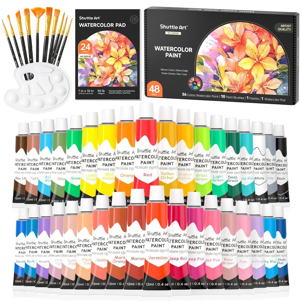 48 Pack Watercolor Paint Set 36 Colors 12ml Tubes 10 Brushes Pad Palette Artist