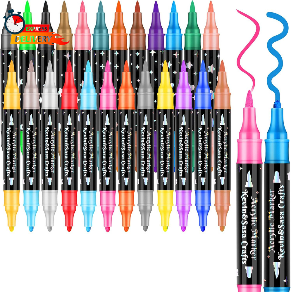 24 Colors Dual Tip Acrylic Paint Marker Pens Set, Multifunctional Acrylic Tips w