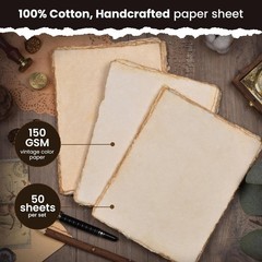 Handmade Vintage Deckle Edge Blank Paper – 8 X 6 inches, 50 Sheets 150 GSM Thick