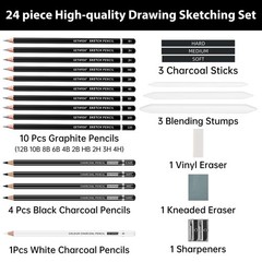 Drawing Sketching Pencil Set, 24 Piece Pro Artist 1 Count (Pack of 24), Black