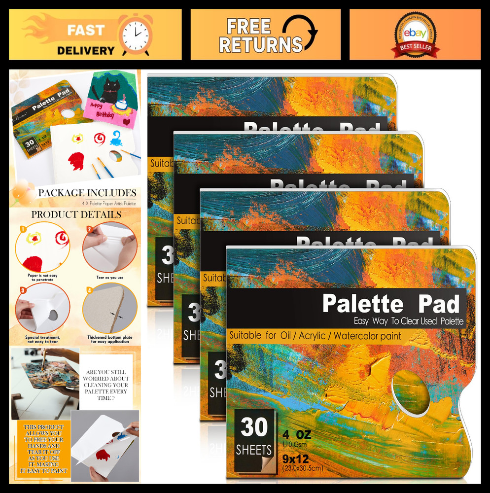 4 Pack 120 Sheets 9″x12″ Disposable Palette Paper for Acrylic, Oil & Watercolor