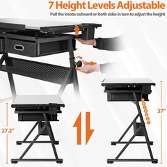 Drafting Table with Wooden Tabletop and Steel Frame Adjustable Height White