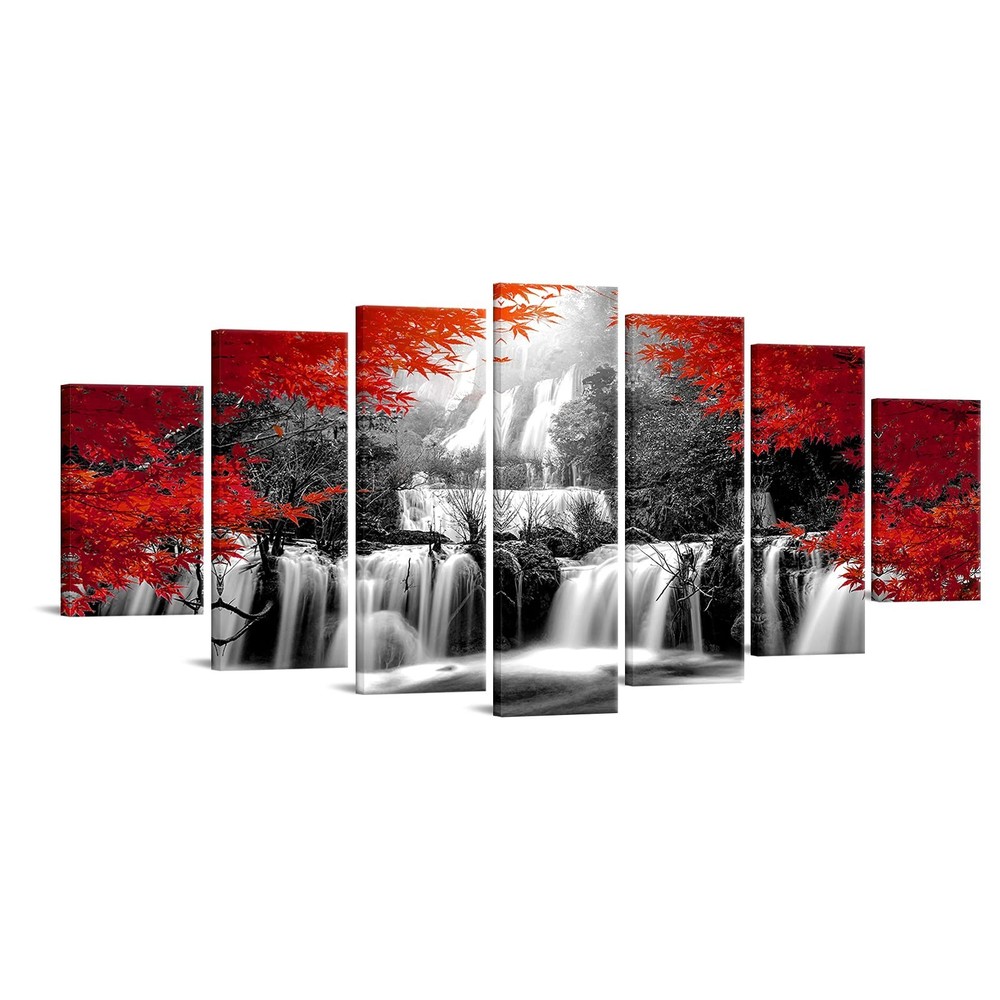 XLarge 7 Pieces Black and Red Waterfall Canvas Wall Art Nature Forest Picture…