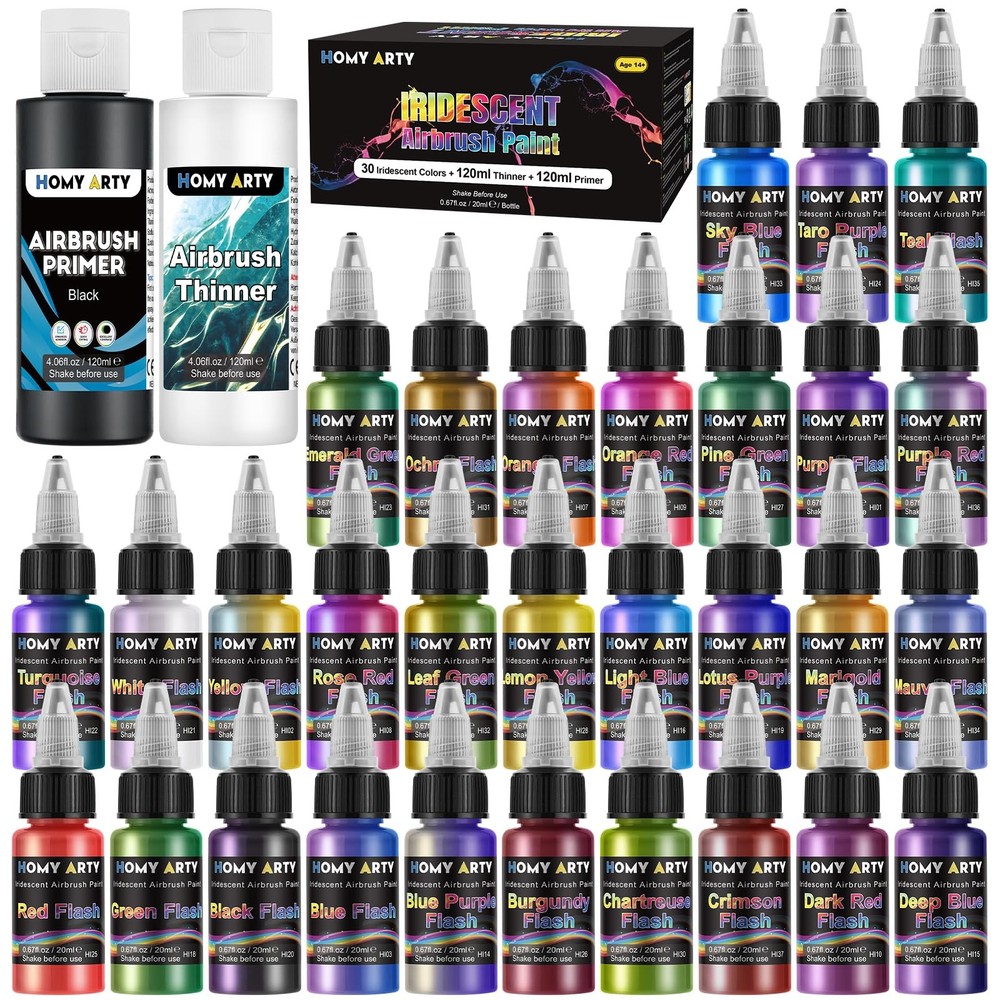 Iridescent Airbrush Paint Set, 30 Colors, 4.05 fl oz Thinner & Primer