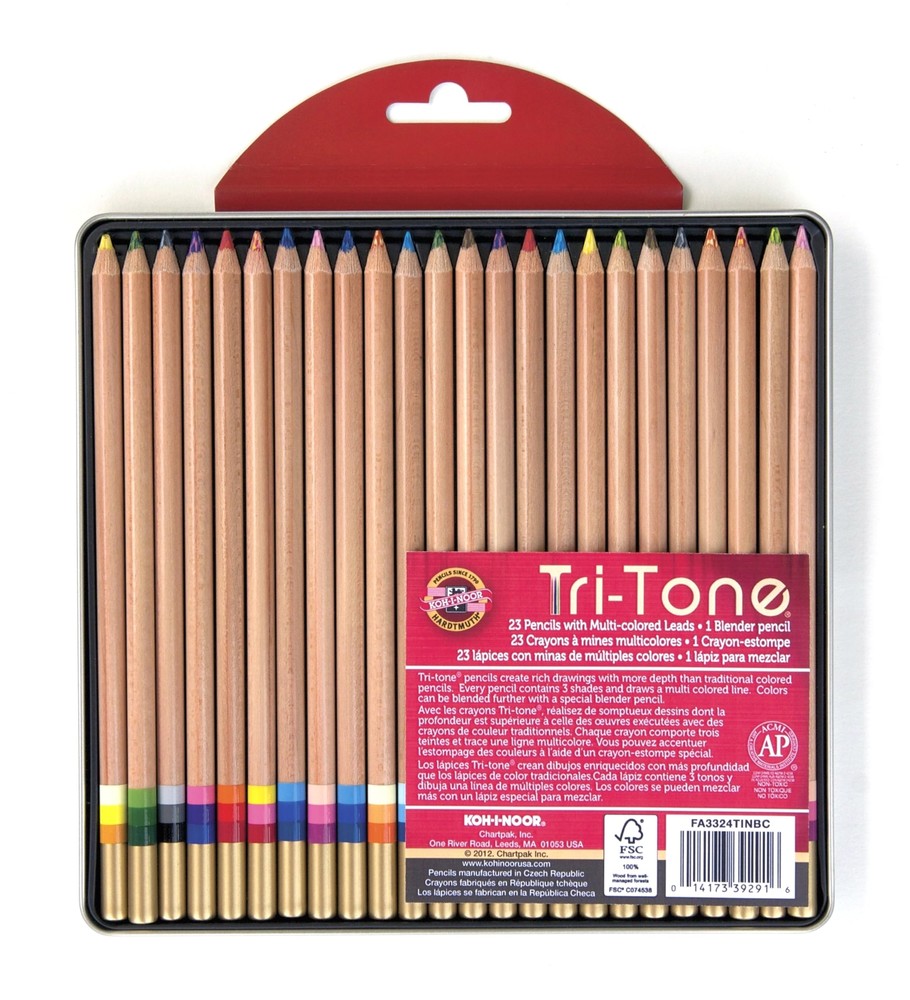Multi-Colored Pencil Set 24 Assorted Colors Tri-Tone Tin Blister-Carded
