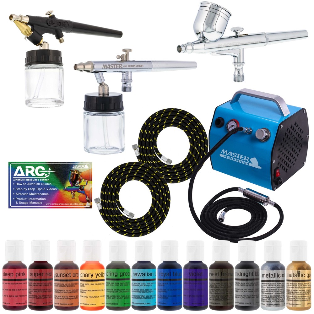 Pro CAKE DECORATING SYSTEM 3 Airbrush Kit 12 Color Food Coloring Set Compressor