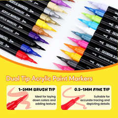24 Colors Acrylic Paint Markers Dual Tip Brush & Fine Tip Pens for Crafts