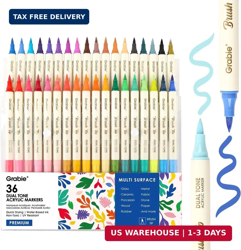 Grabie 72 Colors Acrylic Paint Markers, 36 Pack Dual Tip Soft Brush Acrylic Mark