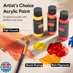 Acrylic Paint Set, 24 Colors (2 oz/Bottle) with 12 Art Brushes, Art Supplies