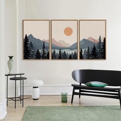 Tinonedraw Boho Mountain Framed Canvas Wall Art Set of 3, Watercolor Nature L…