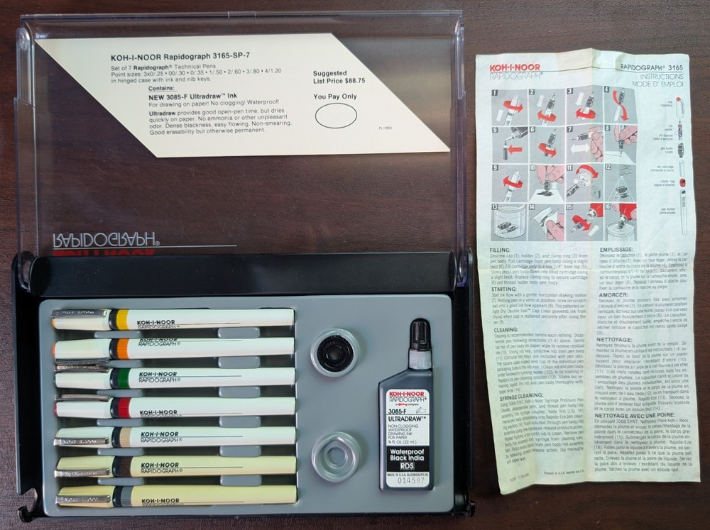 Koh-I-Noor Rapidograph 3165-SP-7 Technical Pen Set + Instructions & Unopened Ink
