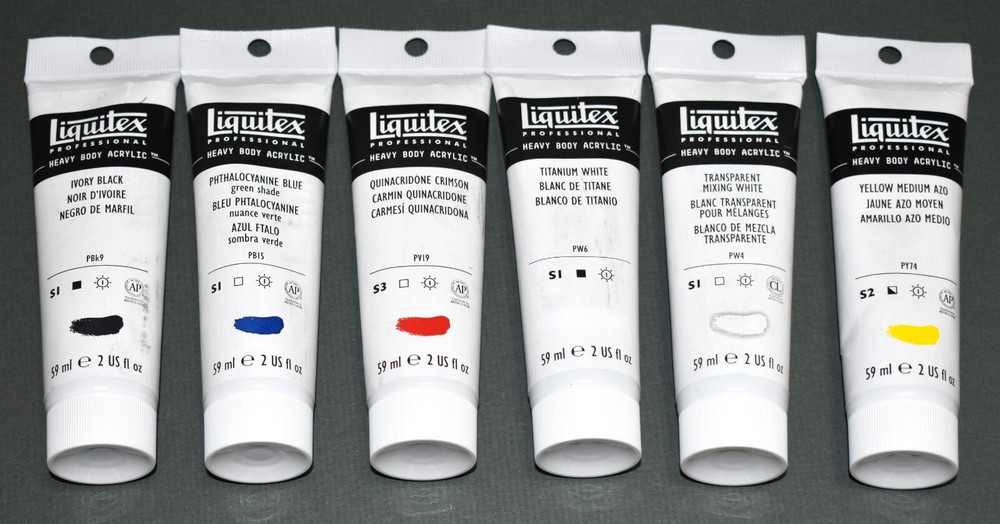 SET OF 6 – PRIMARY MIXING COLORS – Liquitex Heavy Body 2oz tubes – Retail $44.49