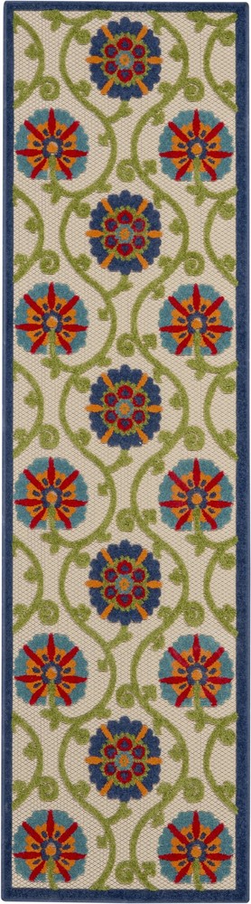 10′ Navy Blue Beige Green Blue And Red Floral Indoor Outdoor Runner Rug