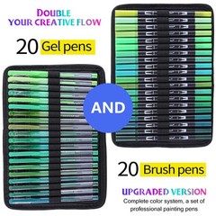 80 Pack Green Drawing Pen Set 20 Double Tip Brush 20 Gel With 40 Refills