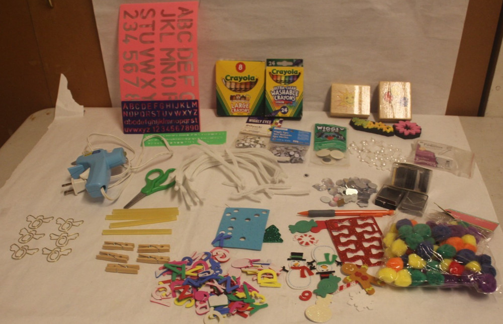 Crayons scissors pompom Pencils, glue gun , foamies google eyes Art Supplies Lot
