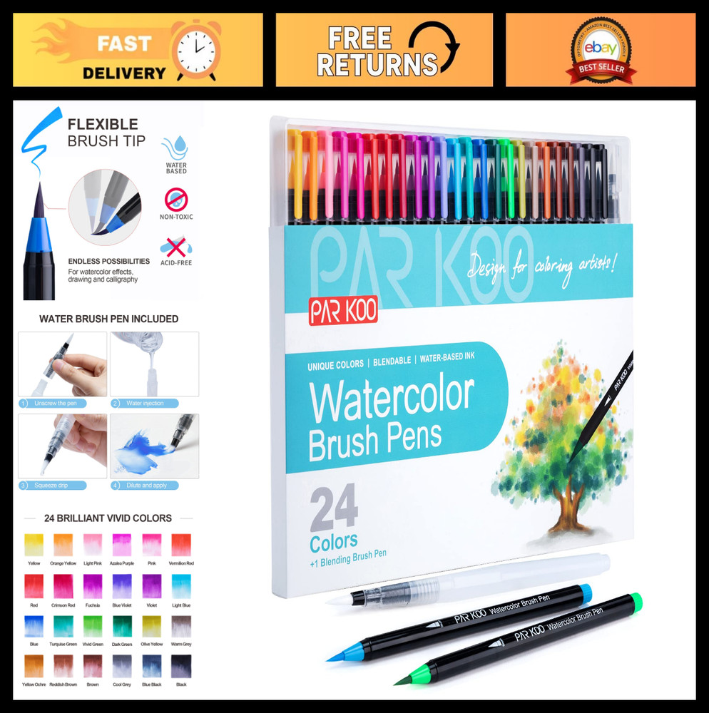 24 Colors Watercolor Brush Pens Set – Flexible Nylon Tip, Blending Brush, Art Ma