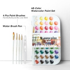 48 Colors Watercolor Paint Set with 4pcs Paint Brushes and 1pcs Water White