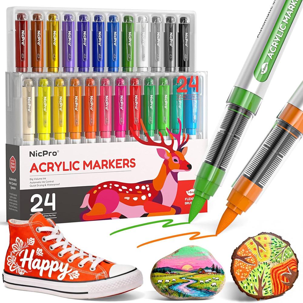 24 Colors Acrylic Paint Markers Brush Tip, Water-Based No-Bleed Paint Markers wi