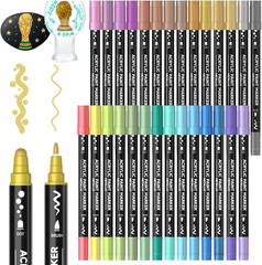 28 Metallic Colors Dual Tip Acrylic Paint Markers, Dot Tip and Fine Tip Acrylic