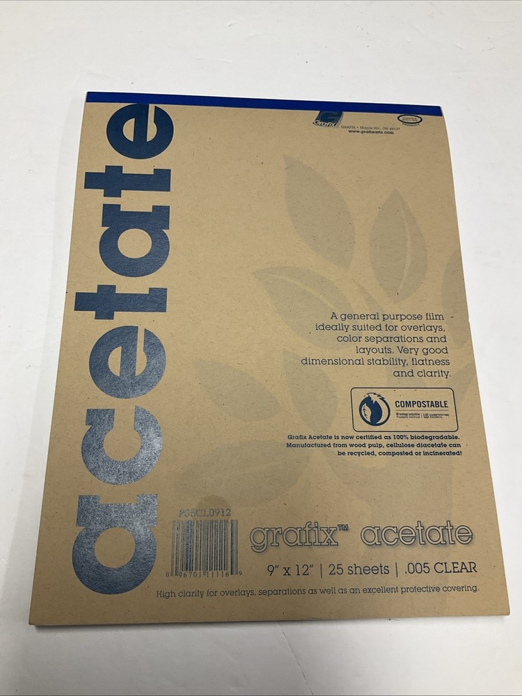 Grafix Acetate Sheets 9×12 Clear .003 Gauge 25 Sheets Compostable Art Film