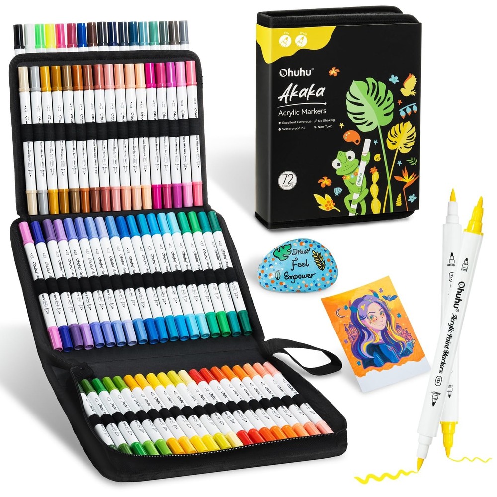 72 Colors Acrylic Paint Markers Dual Tips – Brush & Fine Pens for DIY Crafts, Ro